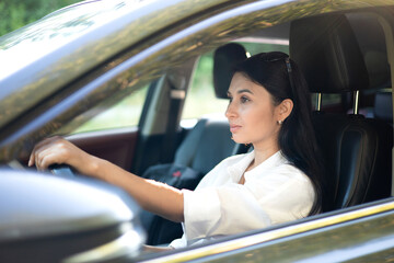 A young beautiful female driver sits behind the wheel of her car. A modern lady. A trip, a journey. Lifestyle