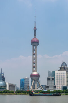 Shanghai, China - July 27, 2018: Portrait of Shanghai oriental pearl TV tower in the new part of Shanghai