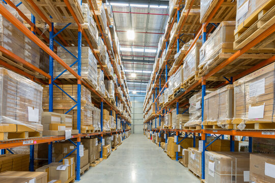 Racks and shelves inside logistics warehouse.