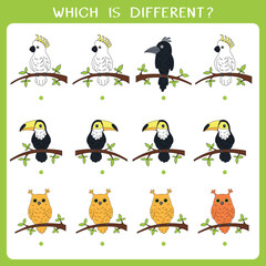 Simple logic game for kids. Find the odd one in the group. Vector worksheet