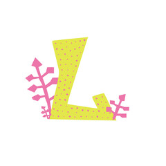Yellow letter L in cut out collage style. Hand drawing isolated vector illustration with herbs