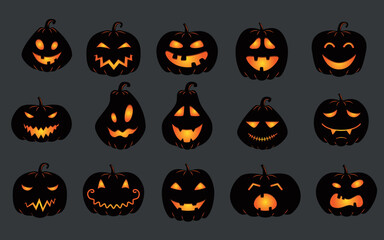 Collection of funny Halloween pumpkins. A jack-o'-lantern isolated on a dark background. Vector illustration