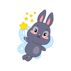 Cute fairy bunny. Flat cartoon illustration of a happy little black rabbit with butterfly wings and a magic wand isolated on a white background. Vector 10 EPS.