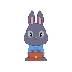 Cute business bunny. Flat cartoon illustration of a funny little black rabbit wearing suit and holding a briefcase isolated on a white background. Vector 10 EPS.