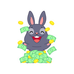 Cute black bunny swimming in money. Flat cartoon illustration of a little rabbit with a lot of money isolated on a white background. Vector 10 EPS.