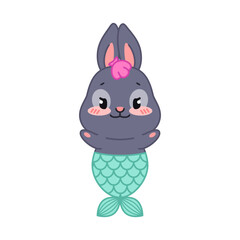 Cute mermaid bunny. Flat cartoon illustration of a happy little black rabbit with a mermaid tail isolated on a white background. Vector 10 EPS.