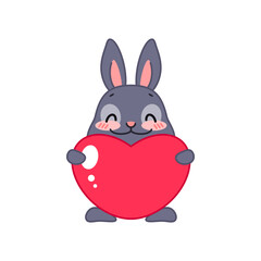 Cute black bunny in love. Flat cartoon illustration of a funny little rabbit holding big heart in its paws isolated on a white background. Vector 10 EPS.
