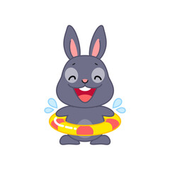 Cute black bunny with swimming ring. Flat cartoon illustration of a happy little rabbit relax on water isolated on a white background. Vector 10 EPS.
