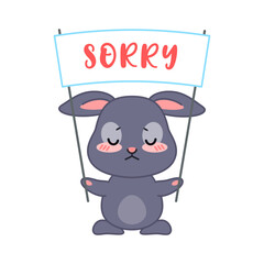 Cute apologizing bunny. Flat cartoon illustration of a little black rabbit holding a sign with the text "sorry" isolated on a white background. Vector 10 EPS.