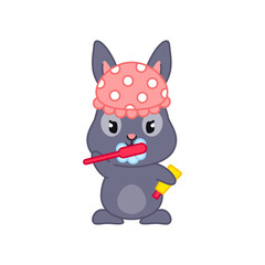 Cute black bunny brushing its teeth. Flat cartoon illustration of a little rabbit with toothpaste and a toothbrush isolated on a white background. Vector 10 EPS.