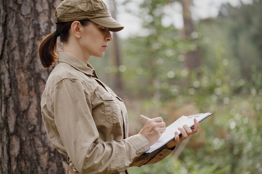 A woman forester in uniform with a clipboard monitoring national park area in summer, selective focus.