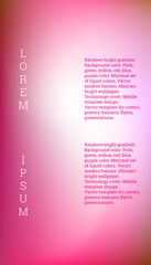 Bright cover or background design. Pink, green, yellow, red, blue, purple color. Minimal set of liquid colors. Abstract bright wallpaper. Technology cover. Mobile template design.