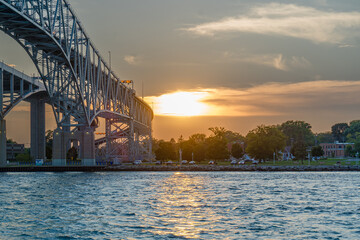 Summer sunset at the Canadian side of Blue Water Bridge at Pt. Edwards near Sarnia.
