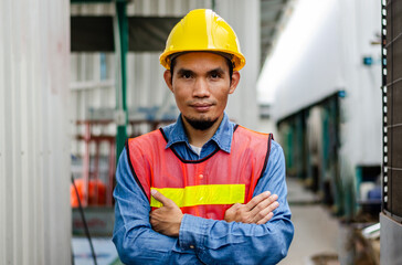 Proud Asian workers standing in the manufacturing plant