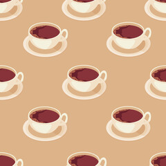 Seamless background with coffee cups with foam. Set of hot chocolate in ceramic mug. Beautiful and creative print for kitchen wallpaper.  