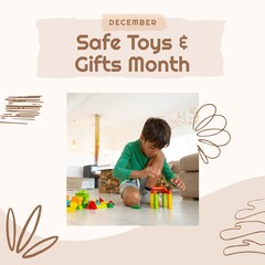 Composite of december, safe toys and gift month text with asian boy playing with toys at home