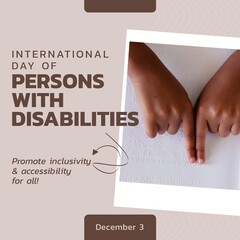International day of persons with disabilities text and hands of biracial boy touching braille book