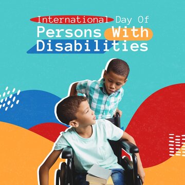 International day of persons with disabilities text, boy talking with friend sitting on wheelchair