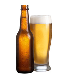 unlabeled beer bottle and glass with beer on transparent background