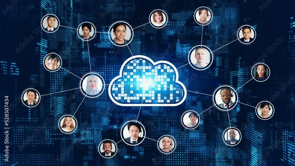 Poster Communication network of multi national people. Cloud computing.