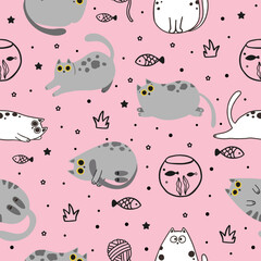 Seamless pattern with cute cartoon cats. Great for fabric, textile vector illustration