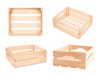 collection of four crates at different angles, on a white isolated background