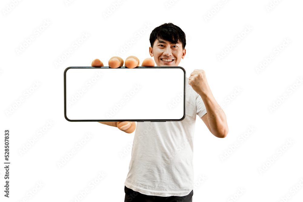 Canvas Prints asian man holding smartphone with empty white screen on transparent background - png format.