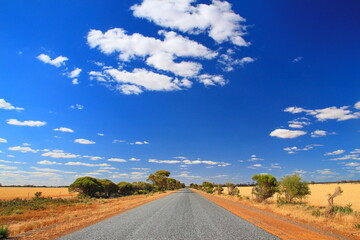 The road across Australian farm fields