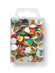 Top view of metal thumb tacks in plastic container