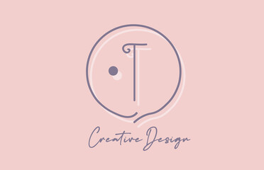 T alphabet letter logo icon design with line dot and vintage style. Pink blue creative template for business and company