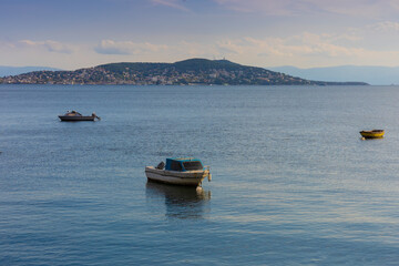 Ships and yachts in the waters of the Bosphorus and the Sea of ​​Marmara near Turkey on a...