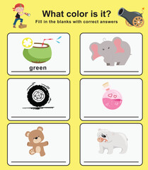 What color is this worksheet with pirate theme. Educational worksheet for preschool. Vector illustration.