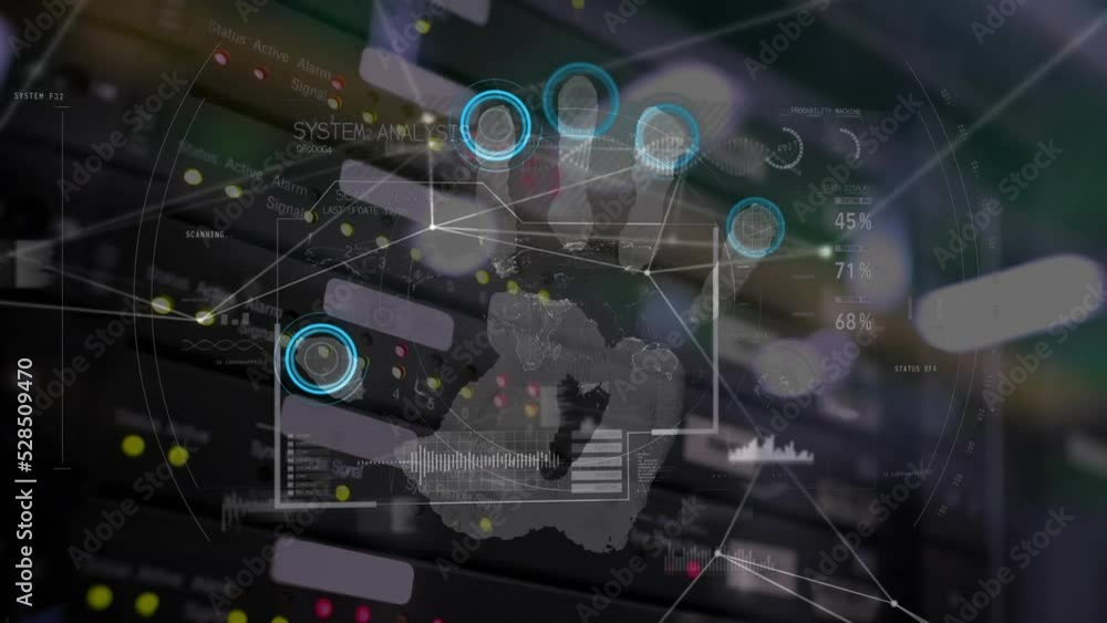 Poster animation of network of connections and data processing over dark background