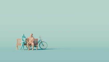 3d concept on a love theme. A couple is sitting on a bench. 3d render