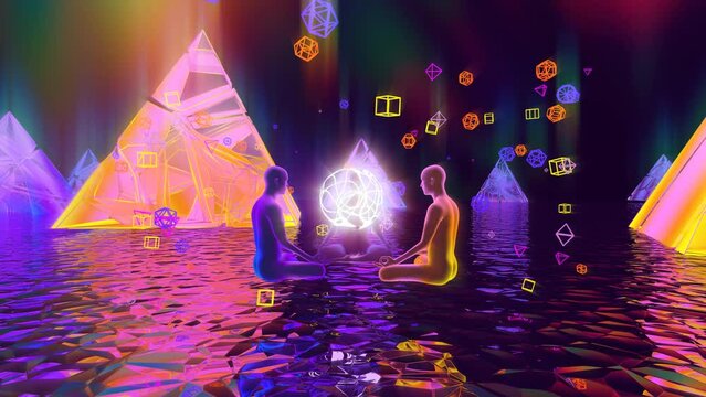 looped 3d animation three yogis in meditative poses in the astral space of energy pyramids