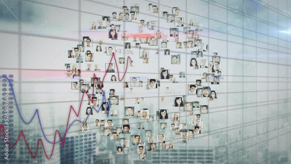 Poster animation of data processing and icons over cityscape