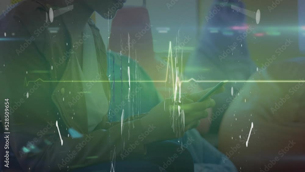 Aufkleber animation of globe and integrated circuits over hands of caucasian man using smartphone