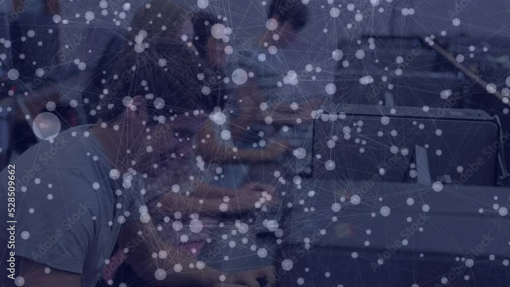 Poster animation of falling numbers and security shield over cityscape
