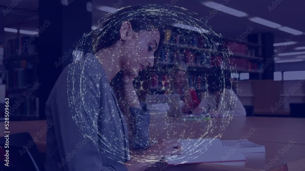 Poster animation of globe with network of connections over businesswoman using computer