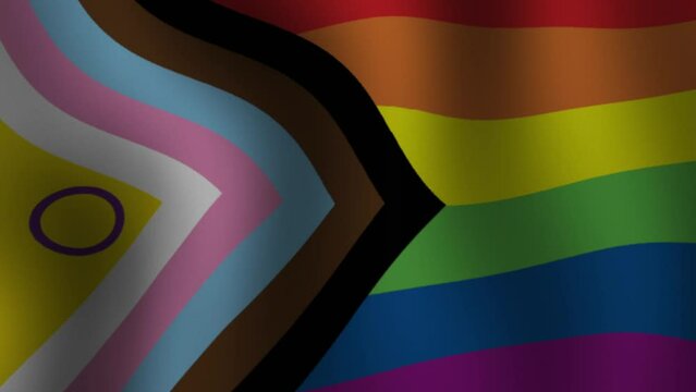 Updated progress flag. LGBT flag. lesbian, gay, bisexual, transgender social movements. Concept of happiness freedom love same-sex couple. High quality FullHD footage
