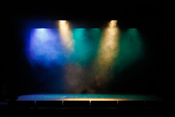 Theatrical scene without actors, scenic colorful light and smoke