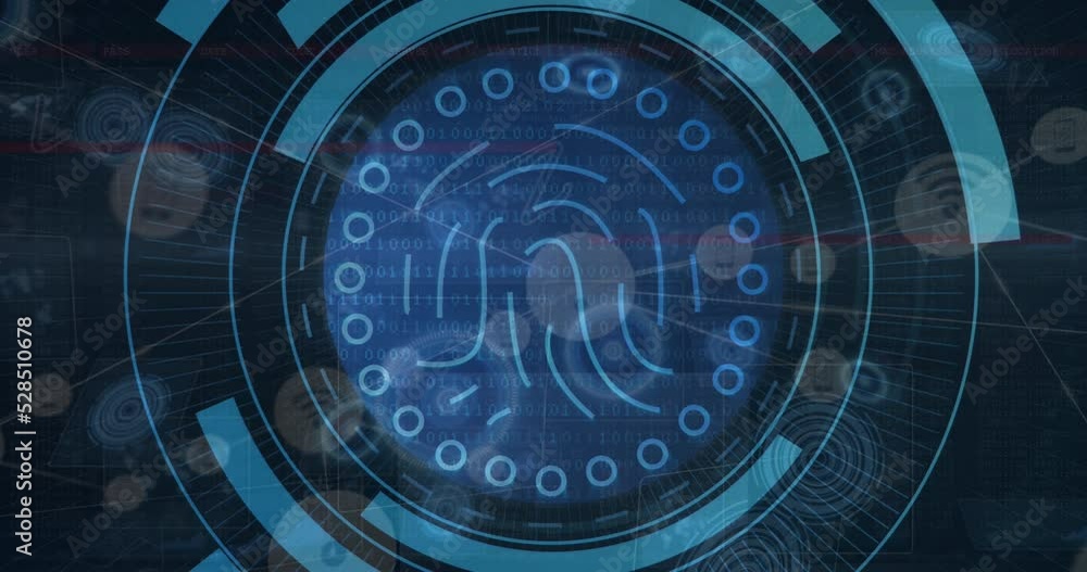 Poster animation of blue lights rotating safe lock with data processing on black background