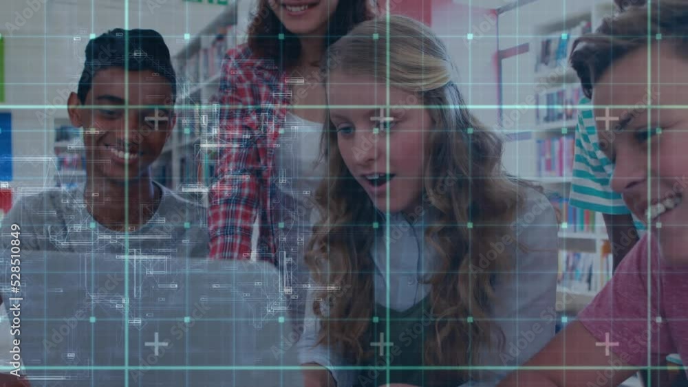Poster animation of data processing over smiling mathematical equations