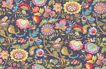 Fantasy flowers in retro, vintage, jacobean embroidery style. Seamless pattern, background. Vector illustration. Multicolor on blue background.