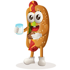 Cute hotdog mascot drink milk and eat cookie. Perfect for food store, small business or e-Commerce, merchandise and sticker, banner promotion, food review blog or vlog channel