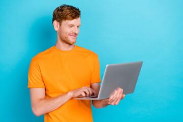 Photo of good looking man gentleman hand arm touch keyboard enjoy distance education study empty...