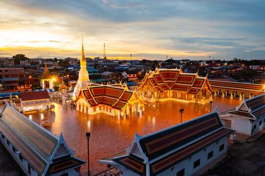High angle view of Phra That Choeng Chum at Sakon Nakhon Province in sunset time that sky is orange  at 17 Sep 2021