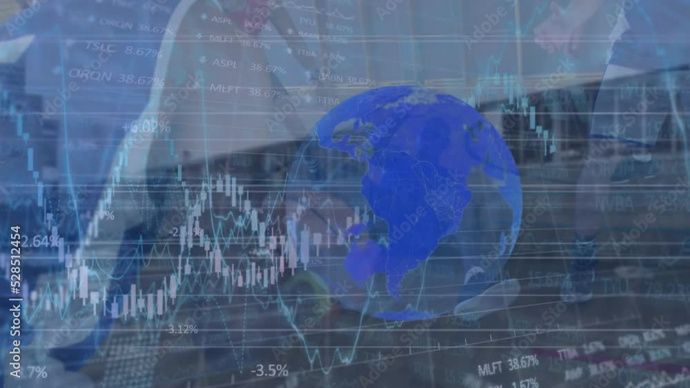 Poster Animation of globe rotating over financial data processing