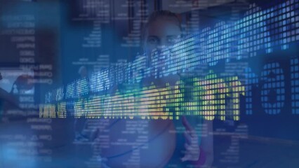 Animation of dna strand computer servers biometric data processing on blue background - Powered by Adobe