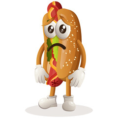 Cute hotdog mascot with sad expression. Perfect for food store, small business or e-Commerce, merchandise and sticker, banner promotion, food review blog or vlog channel